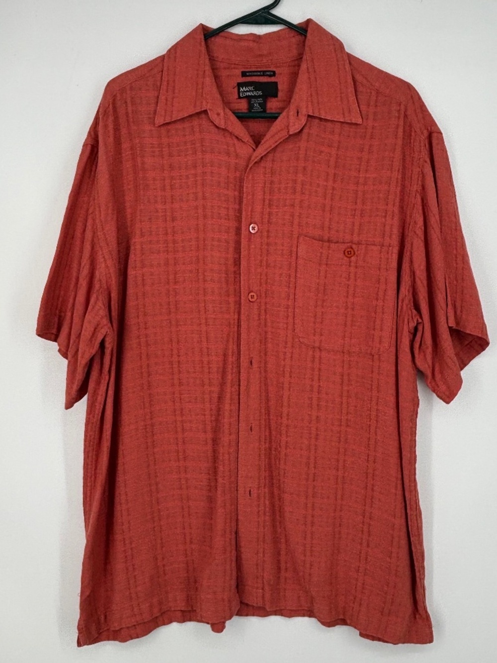 Marc Edwards Mens XL Button Front Shirt Terra Cotta Orange Linen Blend Short Slv